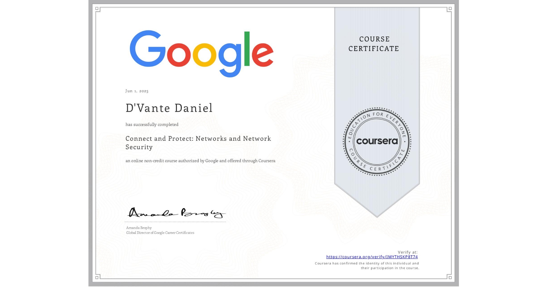 Connect and Protect: Networks and Network Security certificate from Google on Coursera