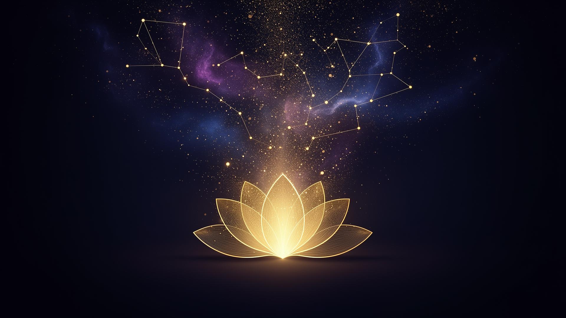 A luminous golden lotus rising into a cosmic starfield, symbolizing knowledge, wisdom, and personal transformation