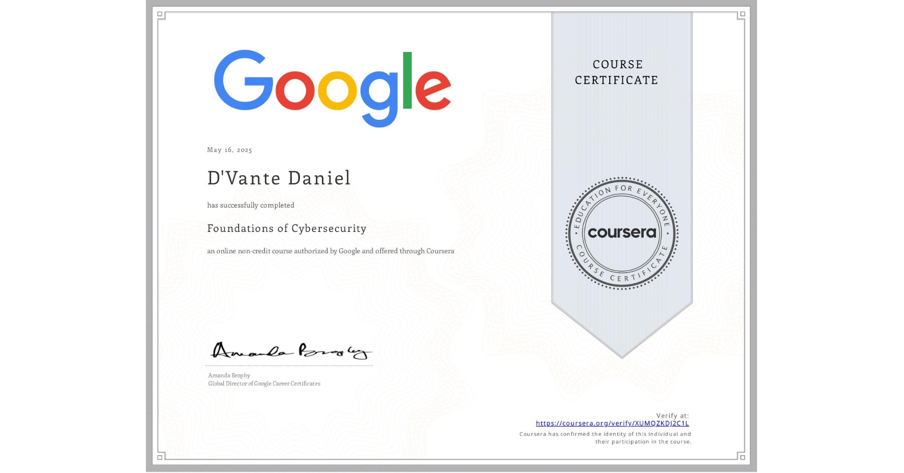 Foundations of Cybersecurity certificate from Google on Coursera