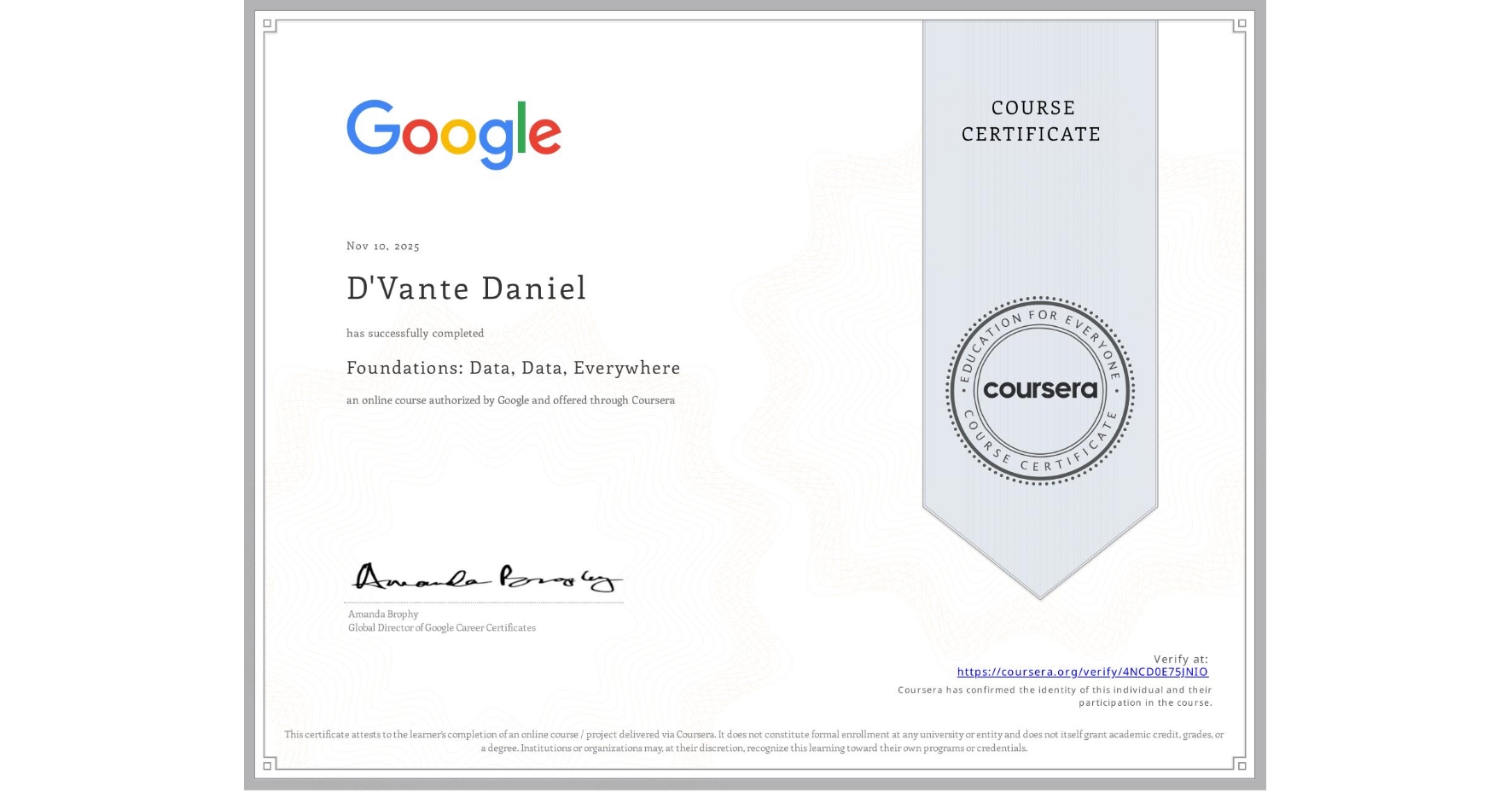 Google Data Analytics Certificate certificate